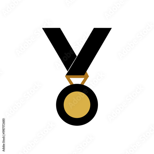 Gold medal with black ribbon and bow on white background
