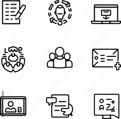 Black Bold outline with white background, Freelancing icons, laptop, client, contract symbols, clean outline vector, consistent stroke