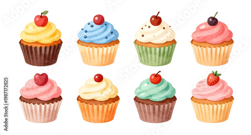 cupcake collection, colorful cupcakes, dessert clipart, bakery sweets, frosting cupcakes, decorated cupcakes, sugar dessert, pastry set, sweet treats, cupcake illustration, food vector, party cupcakes