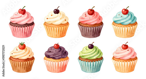 cupcake collection, colorful cupcakes, dessert clipart, bakery sweets, frosting cupcakes, decorated cupcakes, sugar dessert, pastry set, sweet treats, cupcake illustration, food vector, party cupcakes