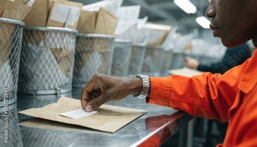 Detailed shot of an employee affixing address labels on regular mail envelopes the label and hand in focus against a blurred mail sorting background.