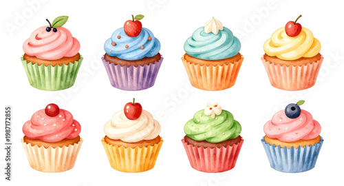 cupcake, dessert, sweet, bakery, cake, frosting, colorful, sugar, treat, food, snack, pastry, decoration, sprinkle, illustration, design, collection