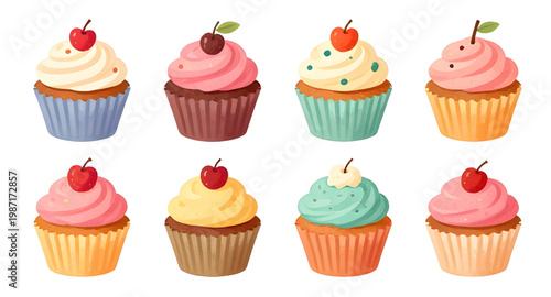 cupcake, dessert, sweet, bakery, cake, frosting, colorful, sugar, treat, food, snack, pastry, decoration, sprinkle, illustration, design, collection