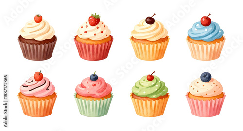 cupcake, dessert, sweet, bakery, cake, frosting, colorful, sugar, treat, food, snack, pastry, decoration, sprinkle, illustration, design, collection