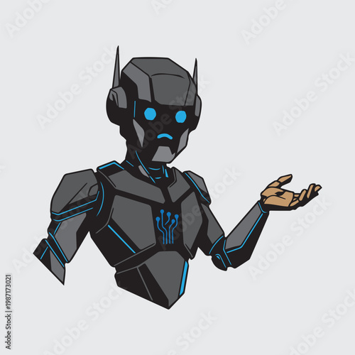 Futuristic robot character with blue glowing eyes and open hand gesture