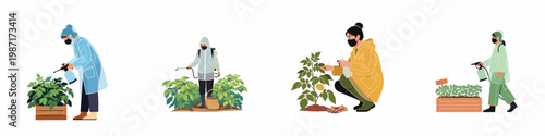 Illustrations of agricultural workers in protective gear and masks spraying crops and plants for pest control and plant care on white background.