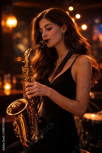 A beautiful woman playing a saxophone in a dimly lit jazz club