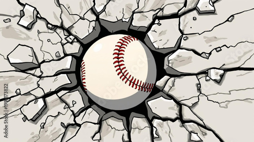Canvas Print illustration of a baseball bursting through a cracked white wall surface