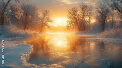 Winter Sunrise Over A Frozen River With Snow Covered Trees And Golden Light
