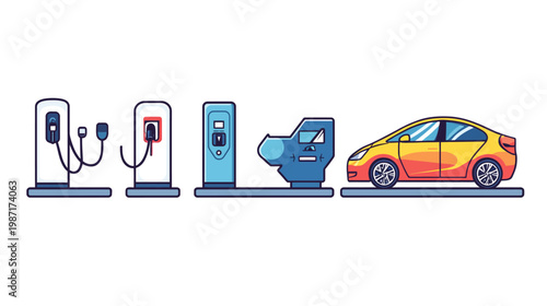 Illustration of EV charging stations and a gradient colored electric car