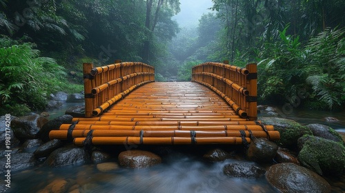 Wooden Bamboo Bridge Over A Stream In A Lush Green Forest With Sunlight Filtering Through The Trees