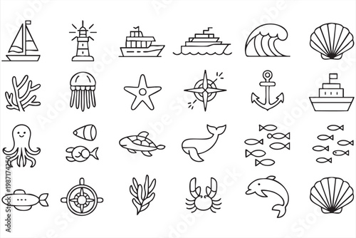 Minimal Marine Icons for Sea Creatures and Ocean Design