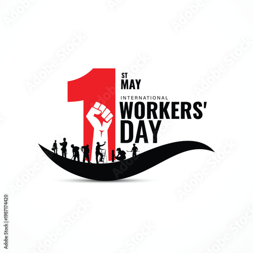 International workers day 1st may celebration design with silhouette of workers and raised fist