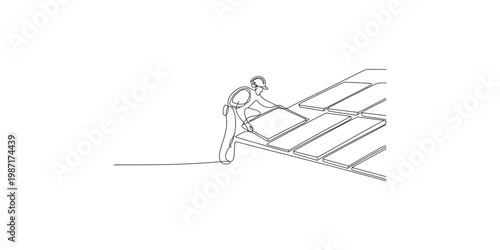 A line drawing of a worker installing shingles on a roof with a hammer