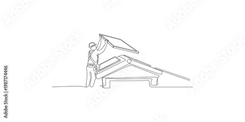 A man installing or assembling solar panels on a roof with tools and equipment