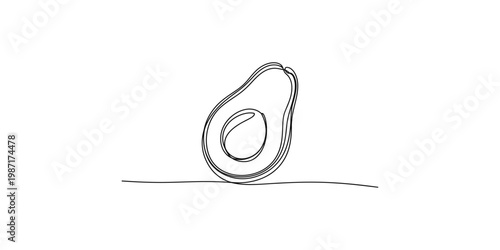 A simple line drawing of a halved avocado on a plain surface with a seed