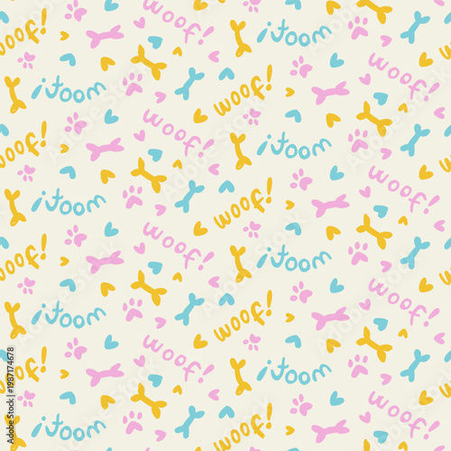 Seamless pattern with hand drawn dog bones, paw prints and woof text on light background for pet lovers wallpaper