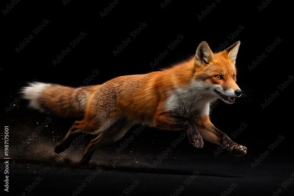 Obraz premium Dynamic studio-style shot of a red fox sprinting through dirt, isolated against a solid black background, highlighting its speed, agility, and vibrant orange fur.