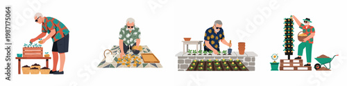 Illustrations of a senior man engaged in various gardening activities such as planting, harvesting, and urban farming at home.