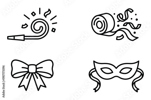 Celebration and party line art icons set featuring party blower streamer and masquerade mask.