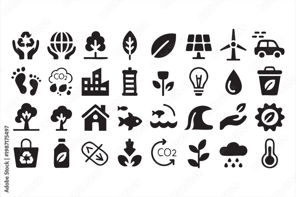 Fototapeta premium Environmental Protection Icons Featuring Recycling Carbon and Clean Energy