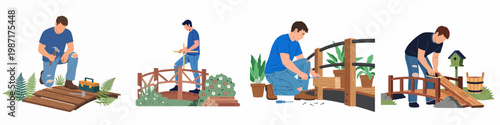 Set of illustrations featuring a man building and repairing wooden garden bridges, showcasing DIY woodworking projects and home improvement activities.