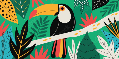 Stylized illustration of a toucan perched on a branch amidst lush tropical foliage, vibrant jungle scene.
