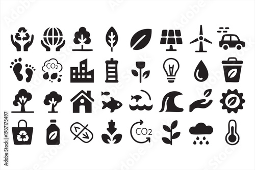 Environmental Protection Icons Featuring Recycling Carbon and Clean Energy