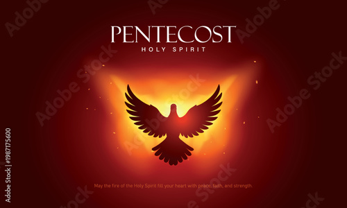 Pentecost Sunday - The Outpouring of the Spirit, dove in flame background. Holy Spirit dove and fire, design for poster of worship or invitation. Vector illustration