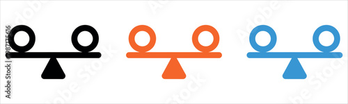 Minimalist illustration of balance scales with black, orange, and blue weights representing fairness, choice, and decision-making concepts for business, education, and legal use.
