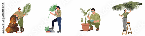 Set of Agricultural Scientists and Botanists Researching Palm Oil Plants, Fruit Bunches, and Tropical Vegetation in Flat Vector Style Illustrations.