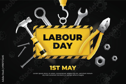 Labour day celebration background with construction tools, hammer, wrench, pliers, nails, nuts and gears