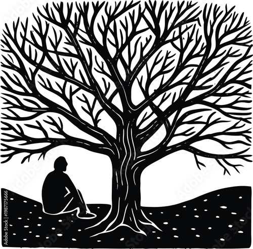Bare tree, silhouette, black and white, vector illustration, man sitting under tree, minimalist landscape