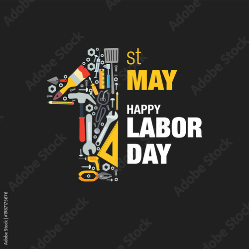 1st may happy labor day greeting card with number one made of various professional tools and equipment