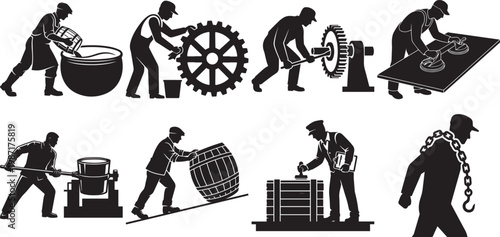 Collection of Industrial Worker Silhouettes Engaged in Manual Labor, Manufacturing, Factory Work, and Heavy Industry Production Processes Vector Illustration