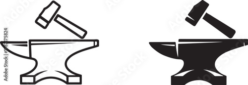 Blacksmith anvil and hammer icons featuring black silhouette and linear outline vector designs.