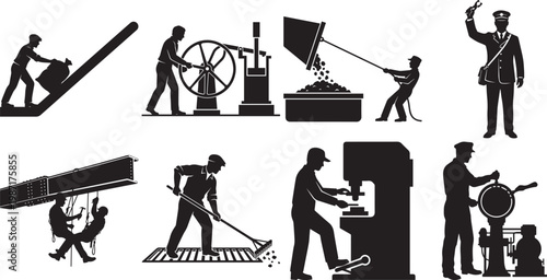 A comprehensive collection of vintage industrial worker silhouettes featuring laborers, construction workers, and machine operators in various manual labor tasks and manufacturing roles.