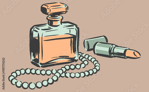 Vintage style illustration of a perfume bottle, lipstick, and pearl necklace. Retro beauty and cosmetics vector artwork.