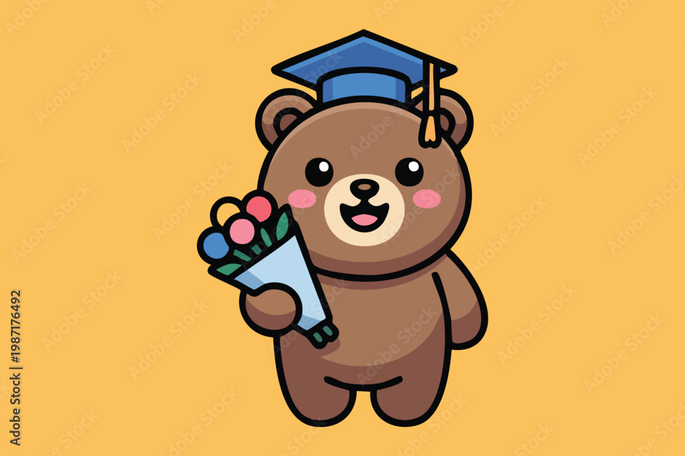 Obraz premium A cute cartoon bear wearing a blue graduation cap and holding a colorful bouquet of flowers, standing on a plain orange background.