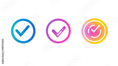 Three colorful check mark icons inside circles, gradient shades on a white background