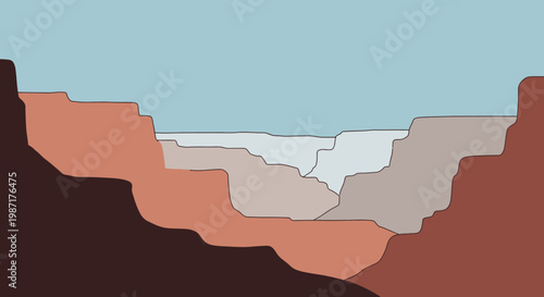 Abstract canyon illustration with layered rock formations and blue sky