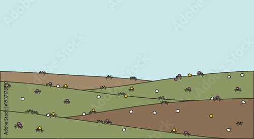 Abstract illustration of rolling hills with colorful dots and simplistic landscape