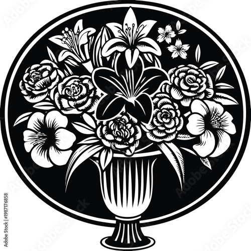 Black and white floral bouquet, vintage flower arrangement, monochrome illustration, decorative vase