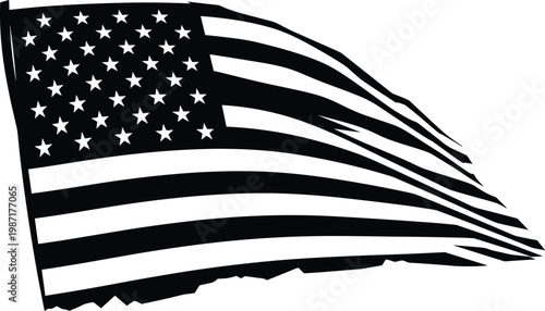 A black and white waving United States of America flag silhouette vector illustration for patriotic holidays, national pride, veteran celebrations, and SEO maintain