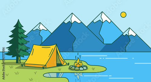 Camping scene illustration with tent campfire mountains and water daytime view