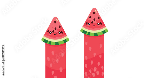 Pair of elongated watermelon slices featuring cute faces with seeds and a green rind standing upright against a white background in cartoon style.