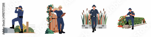 Set of park ranger characters in blue uniforms performing various tasks like patrolling with binoculars, writing on a clipboard, and using a radio.