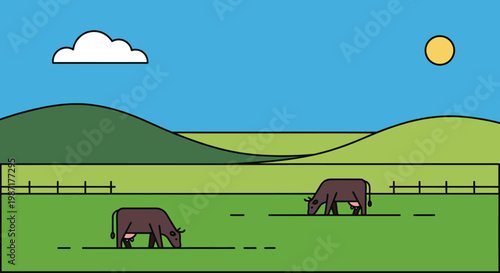 Cartoon cows grazing in a green field under a blue sky and sunshine