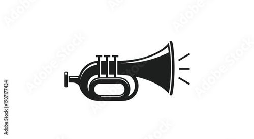 Minimalist black icon of a trumpet with sound lines coming out of the bell representing music, fanfare, or an announcement on white background.