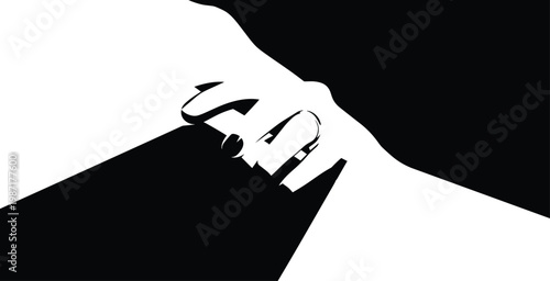 A high contrast black and white minimalist silhouette vector illustration of a person holding a security padlock representing safety, privacy, protection, and SEO maintain